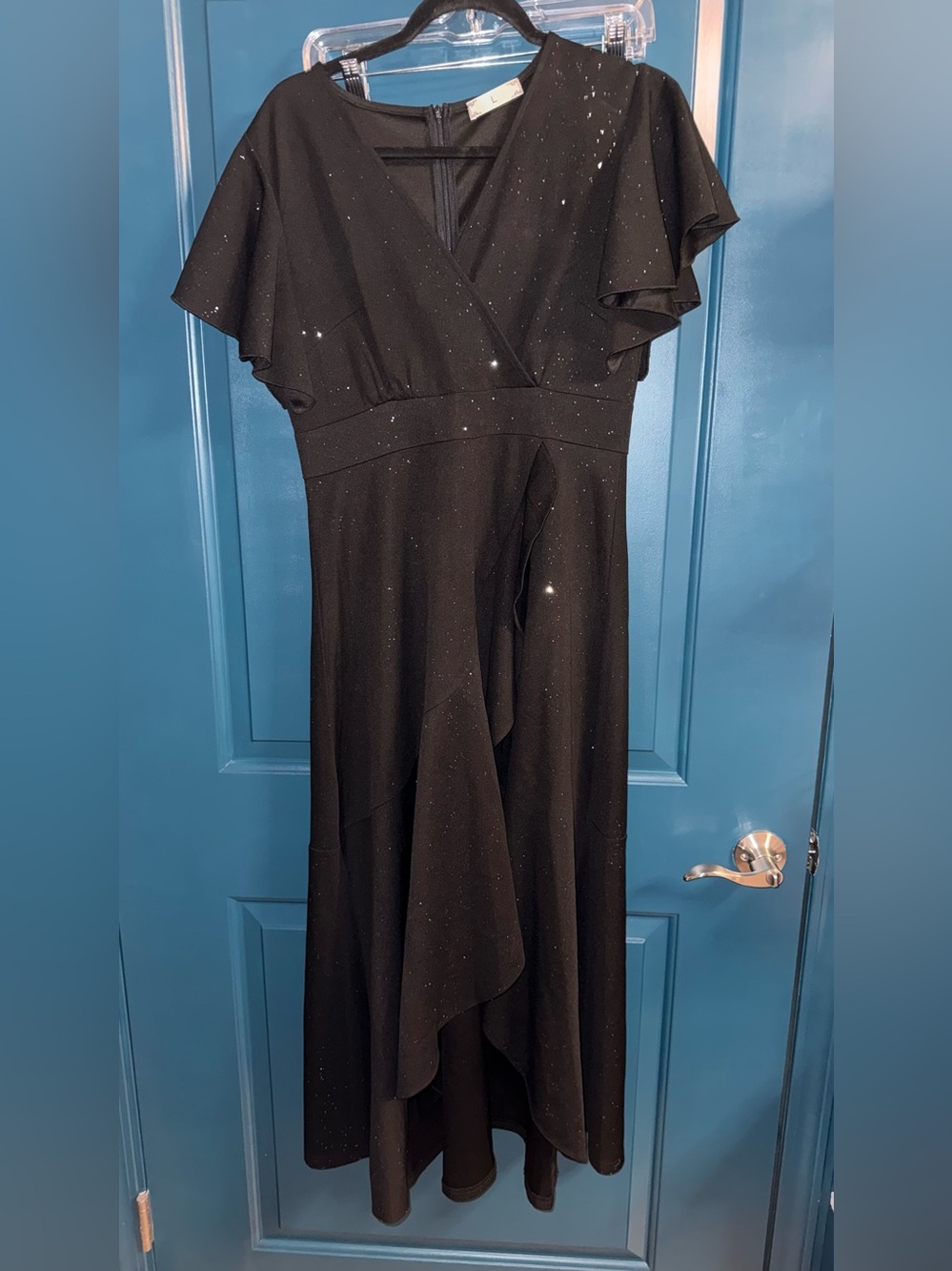 Elegant Black Sparkle Flutter-Sleeve Ruffle Maxi High Low Dress Size L